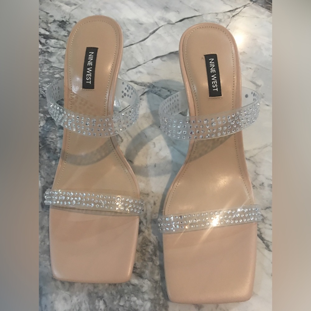 NWOT Woman’s Nine West Heel Slip-on Square Open Toe Shoes With Rhineston…
